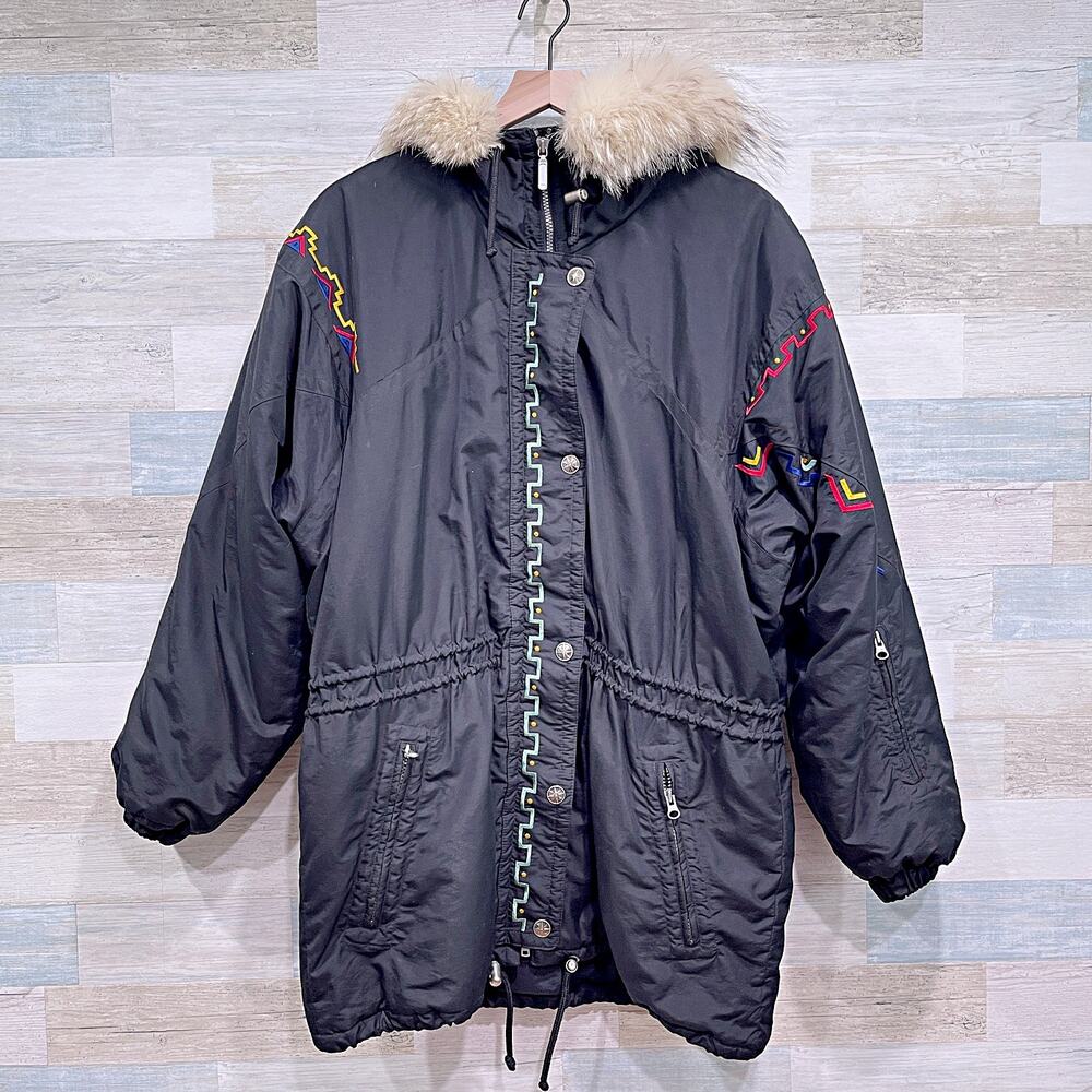 Kaelin Vintage 90s Long Ski Jacket Black Aztec Faux Fur Hood Insulated Womens 12